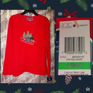 Karen Scott Red Embroidered Xmas Scene Soft Fleece Knit Sweater Top Sz Large